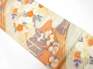 アンティーク　橋に鴛鴦・菊・杜若模様織り出し袋帯（材料）